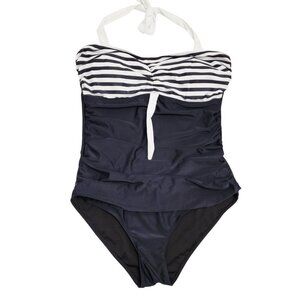 Black & White Womens Striped Halter Neck One-Piece Swimsuit Size XL